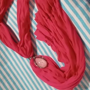 Macy's Pink scarf adjustable, light flowing, Pink jewelry pendant with crystals.